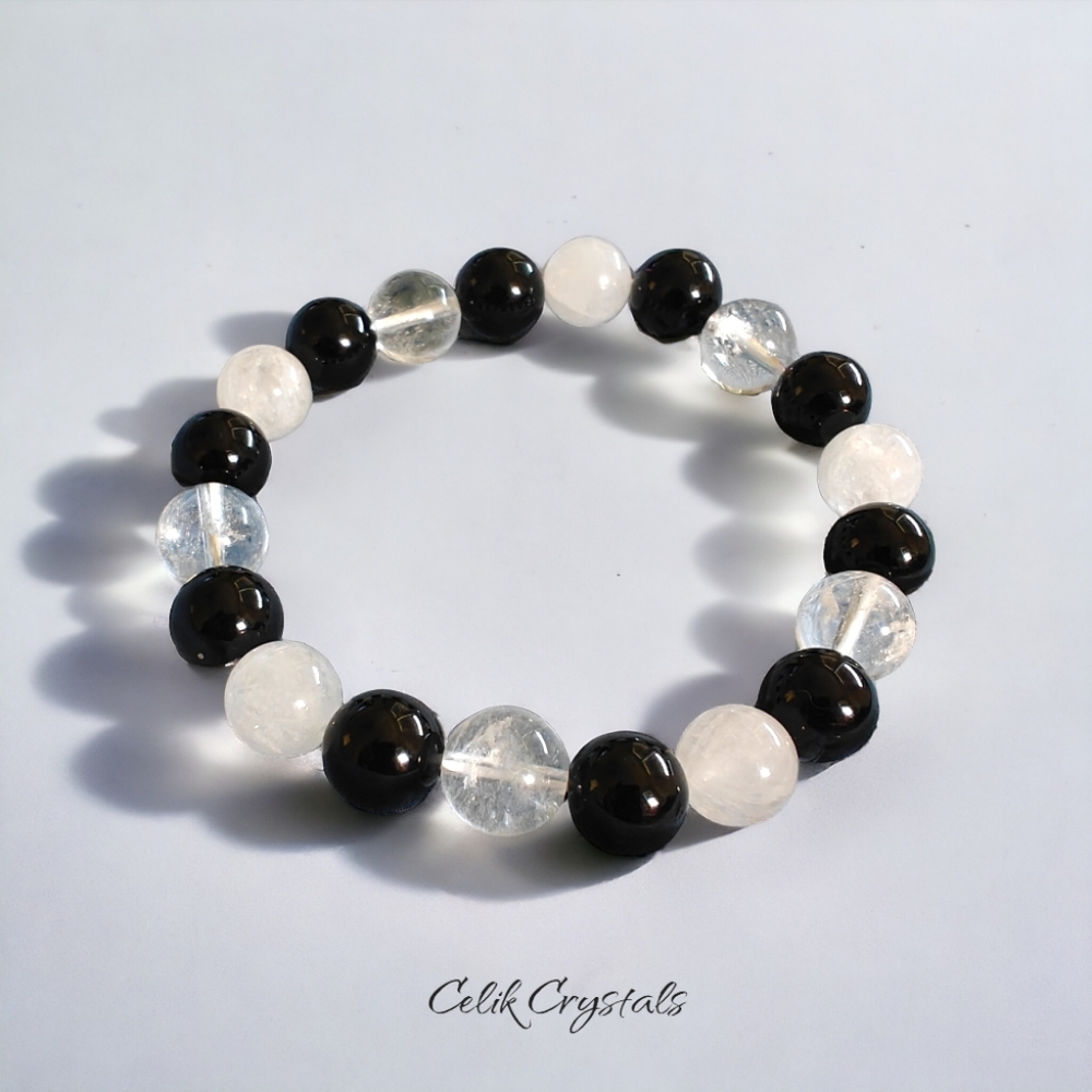 Triple Protection Bracelet - White, Clear Quartz and Onyx Bracelet 10mm …